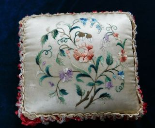 Antique 19th C Silk Embroidered Large Pin Cushion / Pillow,  Bead /ribbon Fringe