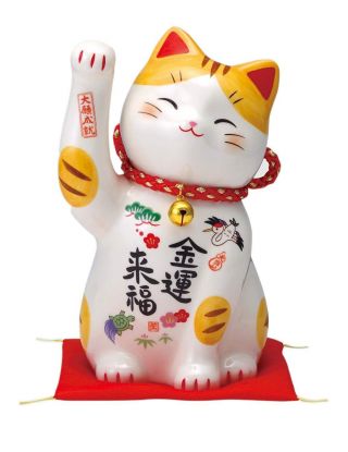 Pottery Maneki Neko Beckoning Lucky Cat 7660 Money Bell Large 185mm From Japan
