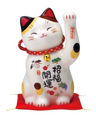 Pottery Maneki Neko Beckoning Lucky Cat 7614 White Bell Large 185mm From Japan