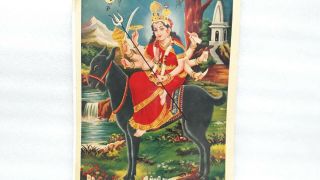 Vintage Old Print Poster Wall Picture Hindu Goddess Maa Meldi On Goat Ride MP 5
