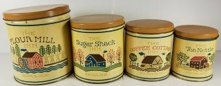 1987 Vintage Metal Kitchen Canister Set Flour Sugar Coffee Tea Farmhouse Style
