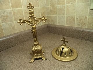 Vintage Church Cast Brass Metal Altar Crucifix On Stand Cross Jesus & Iron Cover