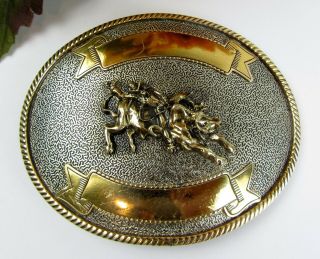Vintage Silver & Brass Rodeo Bull Rider Cowboy Western Belt Buckle German Silver