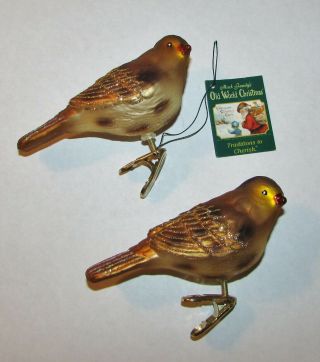 2 Old World Christmas Blown Glass Sparrow Bird Figural Clip Ornaments Owc