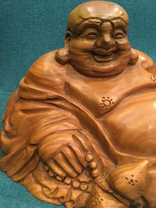 Happy Buddha Laughing Buddha Wood Carved Statue For Luck And Prosperity