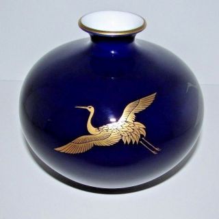 Signed Fukagawa Koransha Blue Porcelain Vase With Gold And Silver Cranes