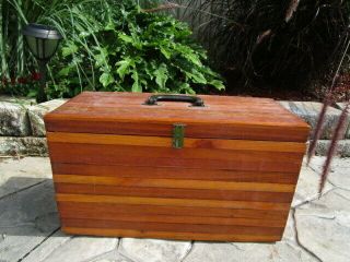 Large Vintage Wood Sewing Chest Box Hinged Lid Handle On Top Notions Cubby