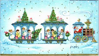 Santa Claus Trolley Train Aqua Pink Pretty Girl Lady Vtg Christmas Greeting Card