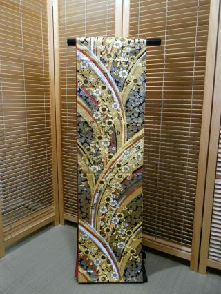Japanese Kimono Silk Fukuro Obi,  Rokutu,  Gold & Silver Threads,  Foils,  L168 ".  783