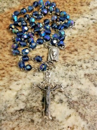 Vintage Italy Roma Blue Crystal Glass Catholic Rosary Double Side Ring Bead