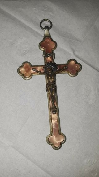 Vintage Crucifix Religious Cross From France Medal W/coral Mother Of Pearl