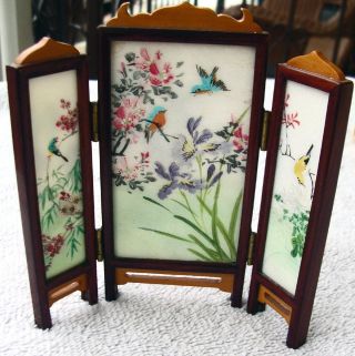 Vintage Chinese Miniature Folding Table Screen,  Hand Painted On Glass Doll House
