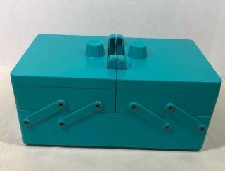 Vintage Plastic Accordion Style Sewing Box By Traum Turquoise Thread Buttons