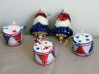 5 Vintage Beaded Christmas Drum & Bells Ornaments Push Pin Sequin Handmade