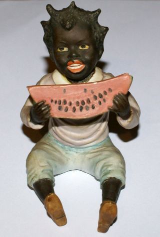 Antique Black Americana Figurine Of Sitting Man Or Boy Eating Watermelon 3.  5 "