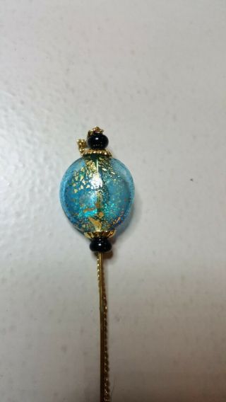Antique Vintage Hat Pin Sky Blue Art Glass Gold Tone Metal 4.  75 Inches