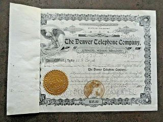 Cancelled The Denver Telephone Company Stock Certificate 1905