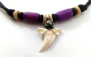 Men Surfer Wooden Necklace Real Tiger Shark Teeth Pendant Vertebrate Collectible
