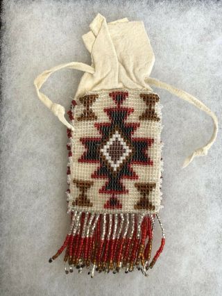 Native American Vintage Beaded Pull String Bag Indian Cow Hide Leather