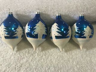 Christmas Ornaments Set Of 4 Glass Teardrops Cobalt Blue Snowcapped Max2128
