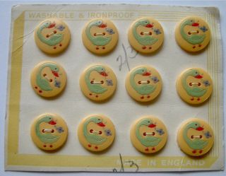 12 X 18mm Vintage Children’s Yellow Plastic Buttons,  Goose With Flower