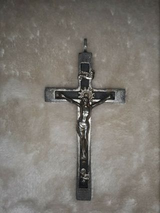 Old German Metal Wood Crucifix Cross W/ Skull & Crossbones For Rosary Or Pendant