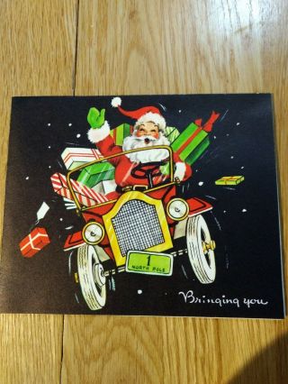 Vintage Christmas Card Santa I Antique Car With Gifts