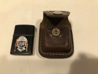 Zippo Lighter Black Smoking Skull Finish Brown Leather Belt Case Tobacco