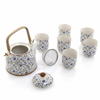 Blue Roses Design Japanese Tea Service Set With Teapot W/ Bamboo Top Handle,  1 &