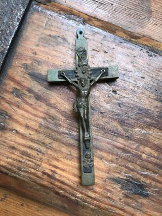 Antique Crucifix Cross Made Of Bronze And Ebony Wood
