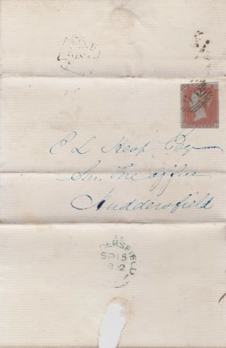 1852 Qv London Cover With 1d Penny Red Stamp Sent To Huddersfield