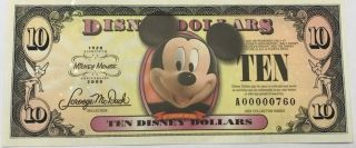 Disneyland 2008 Mickey Mouse 80th $10 Disney Ten Dollar Bill A00000760