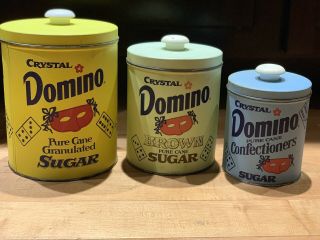 Vintage Domino Sugar Canister Set Metal Litho Nesting Set Of 3 With Lids