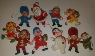 Vintage Blow Mold & Flocked Plastic Christmas Ornaments & Pick W/japan Stickers