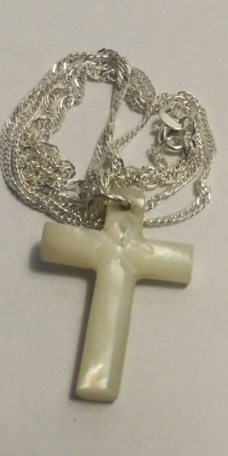 Vintage Religious Mother Of Pearl Cross Hand Carved Pendant Necklace