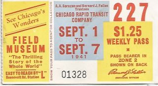 Chicago L Train Weekly Pass Field Museum 1941 Chicago Rapid Transit Co.