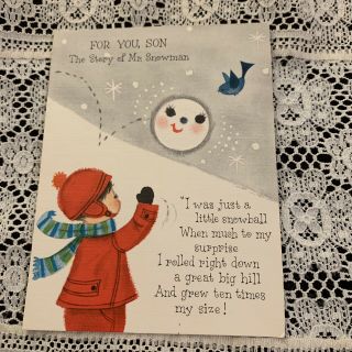 Vintage Greeting Card Christmas Snowman Son Boy Cute Snowball