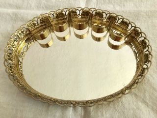 Vintage Brass Mirrored Vanity Tray With Lip Stick Holders