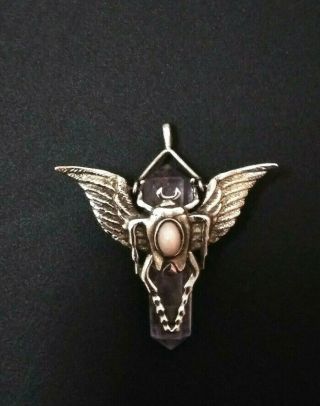 Vintage Scarab With Wings Amulet Marked 925 Sliver W/ Natural Amethyst Point