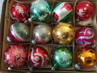 12 Vintage Glass Christmas Tree 2 " Balls Embellished Ornaments Hand Painted Sm