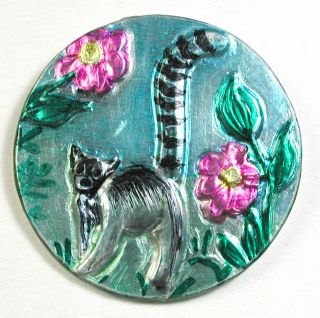 Vintage Studio Button Hand Painted Metal Ring Tailed Lemur Design - 1 & 7/16 "