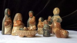 10 Piec Mexican Tonala Folk Art Pottery Christmas Nativity Set Jalisco