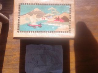 Vintage Japanese Wood Inlay Puzzle Box W/secret Drawer - Mt.  Fuji & Scotty Dogs