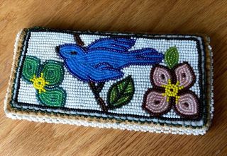 Vintage Native American Indian Beaded Wallet Blue Bird Hand Stitch Deer Leather