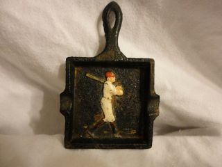 Vintage Cast Iron Small Square Skillet Ash Tray Old Style Baseball Player Relief