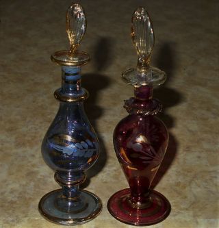 Vtg Glass Perfume Bottle Set 2 Gold Trim Hand Painted Floral Blue & Ruby Red 4 "