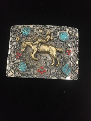 Vintage Native American Rodeo Xl Belt Buckle W/ Turquoise & Coral 3