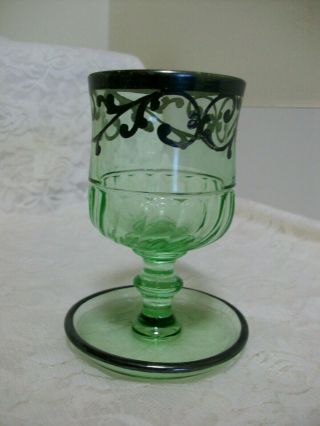 Vtg Depression Green Glass Painted Overlay ? Cigarette Ashtray And Match Holder