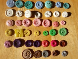 Vintage 40 Plastic Buttons Pastels Colt/like Patterns Flowers Rope Twirl Shapes