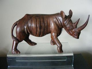 Vintage Large Hand Carved Wooden Rhinoceros Rhino Figurine